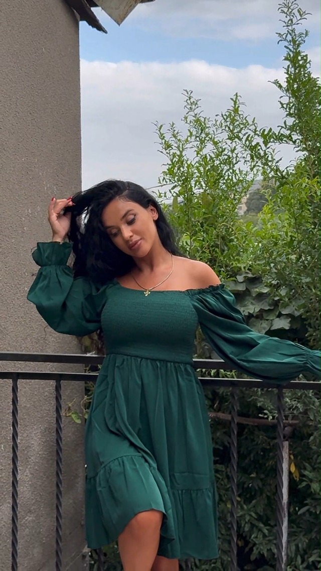 Women's Square Neck Smocked Mini Dress Long Latern Sleeves Elegant